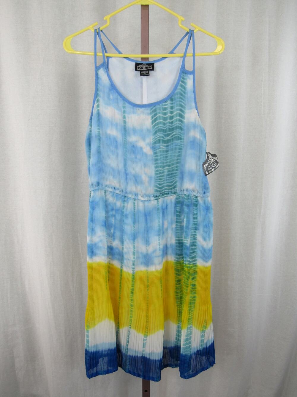 NWT Angie Large Tie Dye Blue Yellow Tank Dress Multi Colored Plated Dipped